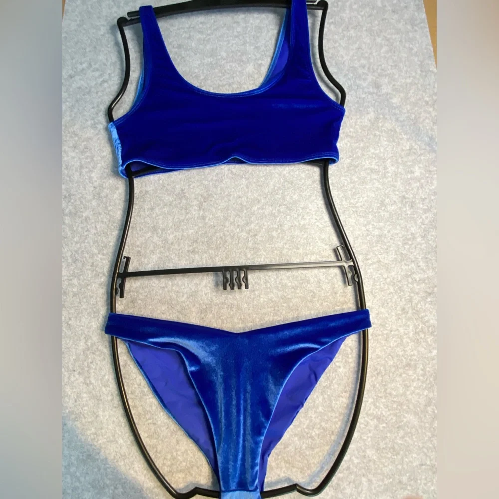 S04 Frankie’s Bikinis Blue Velour Swimsuit M